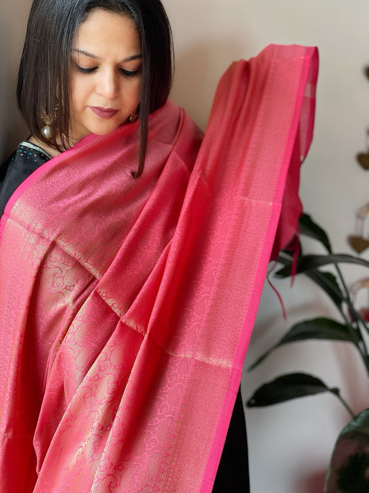 Pink Woven Banarasi Dupatta in Art Silk