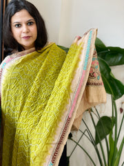 Parrot Green Rai Bandhej Dupatta with Kantha Handwork in Pure Munga Tussar Silk