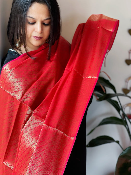 Red Woven Banarasi Dupatta in Art Silk