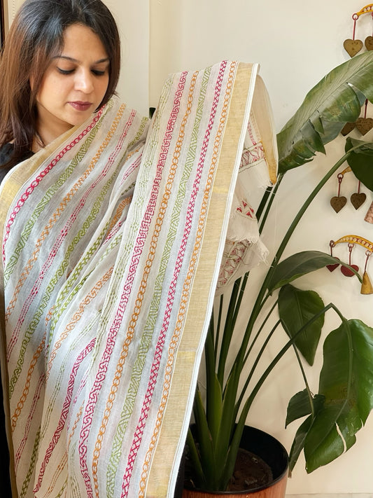 Off-White Handmade Kantha Dupatta in Pure Cotton