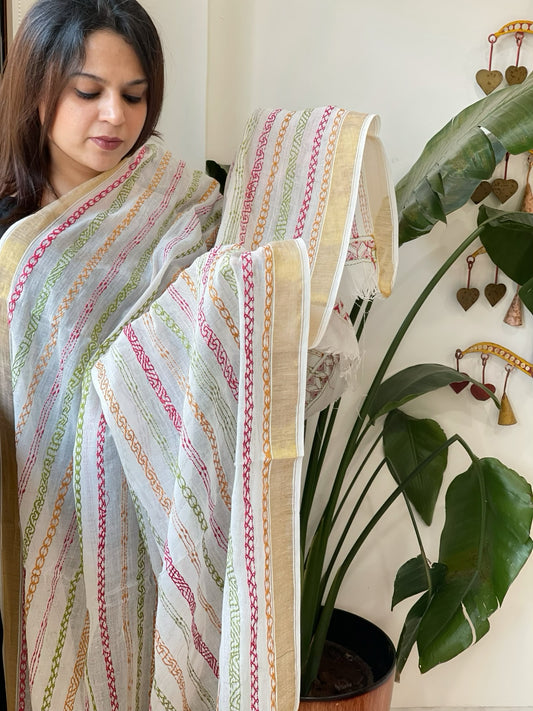 Off-White Handmade Kantha Dupatta in Pure Cotton