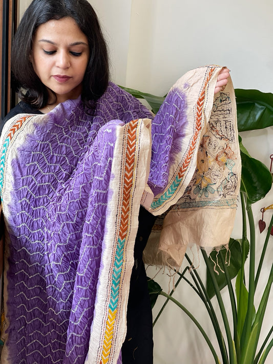 Lavender Rai Bandhej Dupatta with Kantha Handwork in Pure Munga Tussar Silk