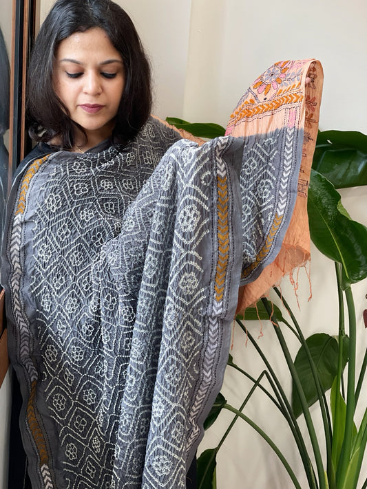 Grey Rai Bandhej Dupatta with Kantha Handwork in Pure Munga Tussar Silk