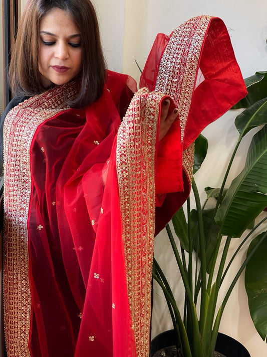 Red Net Dupatta with Sequin Butas and Heavy Embroidered Border