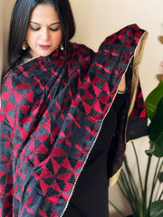 Black & Red Handmade Jaal Phulkari Dupatta in Pure Chinon