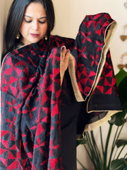 Black & Red Handmade Jaal Phulkari Dupatta in Pure Chinon