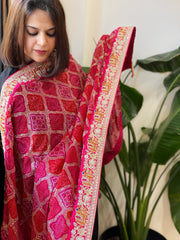 Red, Pink Chinon Printed Bandhej Dupatta with Thread, Sequin & Pearl Embroidery