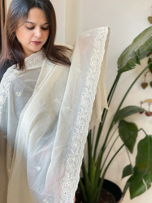 Off-White Cotton Dupatta with Embroidery