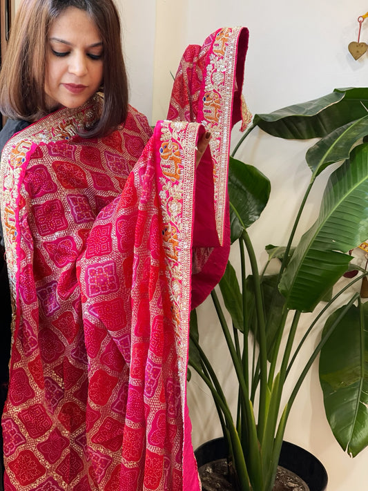 Red, Pink Chinon Printed Bandhej Dupatta with Thread, Sequin & Pearl Embroidery