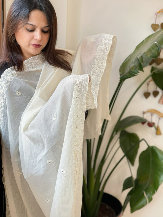 Off-White Cotton Dupatta with Embroidery
