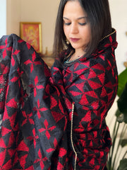 Black & Red Handmade Jaal Phulkari Dupatta in Pure Chinon