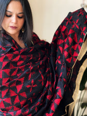 Black & Red Handmade Jaal Phulkari Dupatta in Pure Chinon