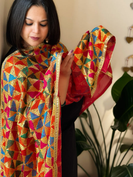 Multicolor Handmade Jaal Phulkari Dupatta in Pure Chinon