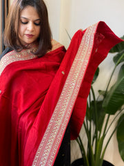 Red Satin Dupatta with Sequin Butas and Heavy Embroidered Border