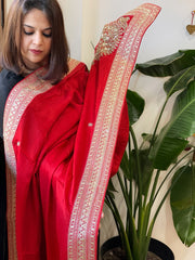 Red Satin Dupatta with Sequin Butas and Heavy Embroidered Border