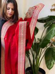 Red Satin Dupatta with Sequin Butas and Heavy Embroidered Border
