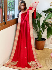 Red Satin Dupatta with Sequin Butas and Heavy Embroidered Border