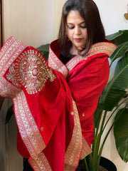 Red Satin Dupatta with Sequin Butas and Heavy Embroidered Border