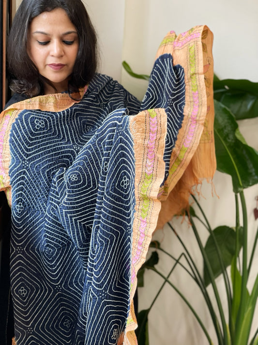 Blue Rai Bandhej Dupatta with Kantha Handwork in Pure Munga Tussar Silk
