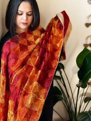 Burnt Orange & Maroon Handmade Jaal Phulkari Dupatta in Pure Chinon