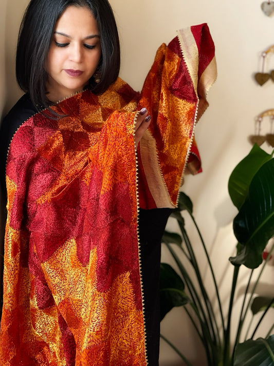 Burnt Orange & Maroon Handmade Jaal Phulkari Dupatta in Pure Chinon