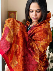 Burnt Orange & Maroon Handmade Jaal Phulkari Dupatta in Pure Chinon