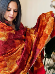 Burnt Orange & Maroon Handmade Jaal Phulkari Dupatta in Pure Chinon