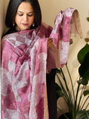 Pink Handmade Jaal Phulkari Dupatta in Pure Chinon