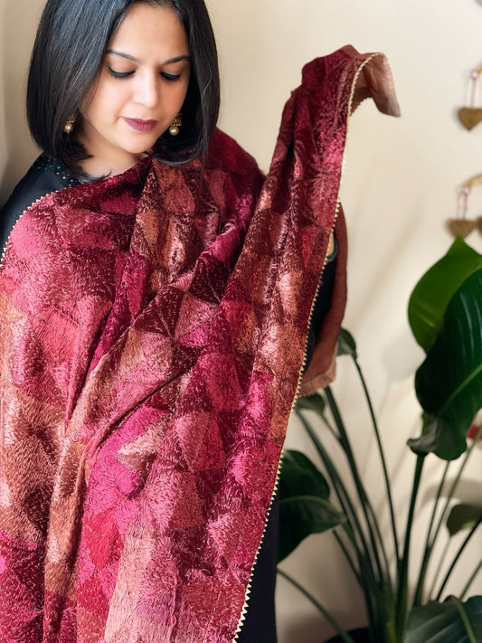 Burgundy Handmade Jaal Phulkari Dupatta in Pure Chinon