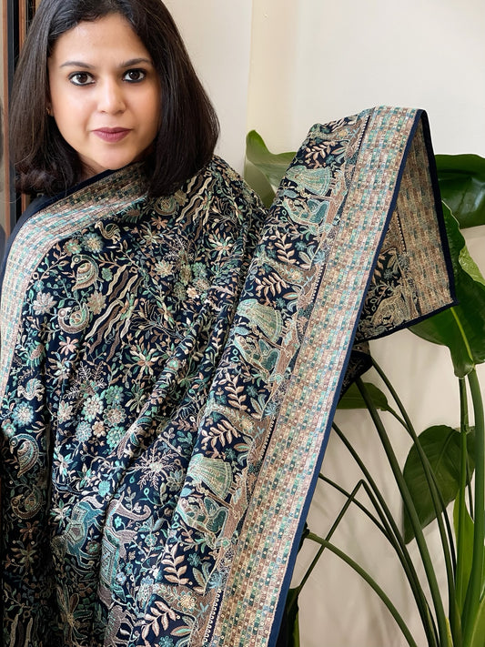 Deep Navy Georgette Dupatta with Shikargah Embroidery