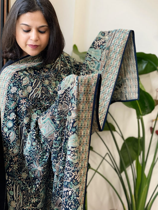Deep Navy Georgette Dupatta with Shikargah Embroidery