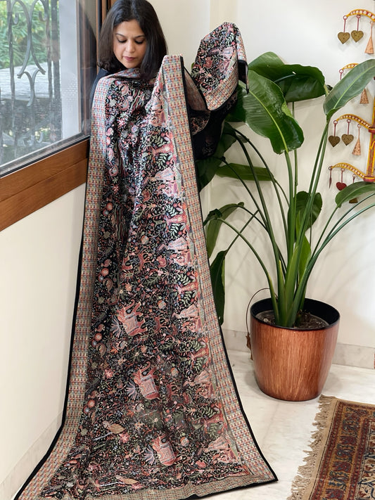 Black Georgette Dupatta with Shikargah Embroidery