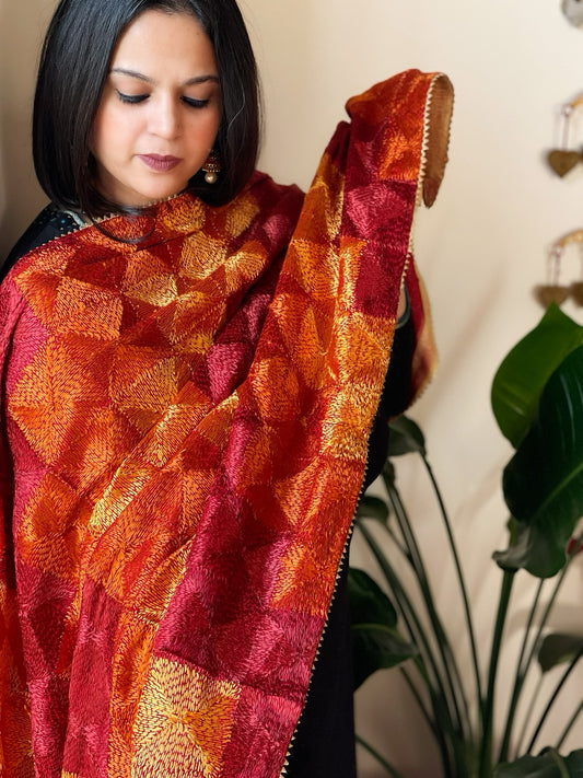 Burnt Orange & Maroon Handmade Jaal Phulkari Dupatta in Pure Chinon