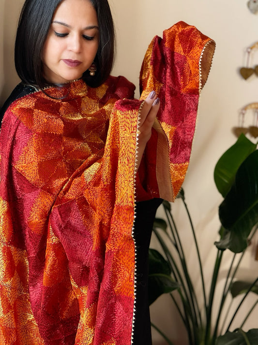 Burnt Orange & Maroon Handmade Jaal Phulkari Dupatta in Pure Chinon