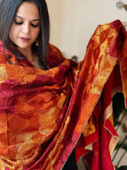 Burnt Orange & Maroon Handmade Jaal Phulkari Dupatta in Pure Chinon