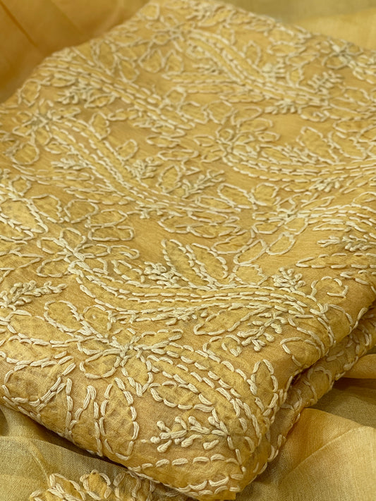 Yellow Suit Set with Lucknowi Handwork in Pure Tussar Silk