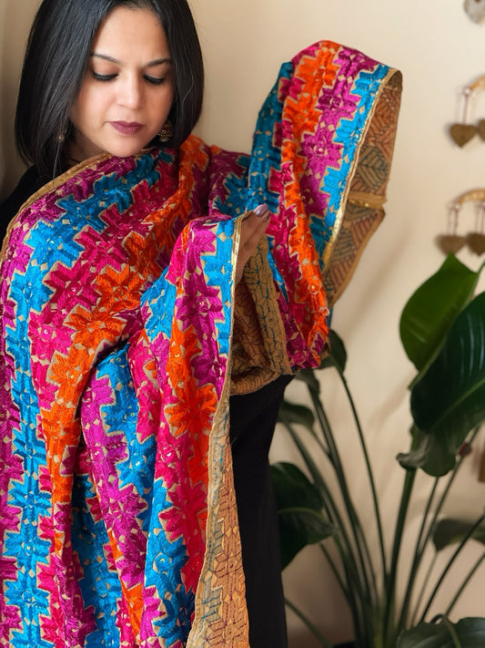 Handmade Bagh Phulkari Dupatta in Cotton