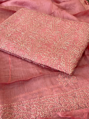 Peachish Pink Suit Set with Lucknowi Handwork in Pure Tussar Silk