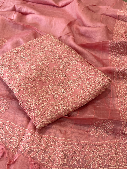 Peachish Pink Suit Set with Lucknowi Handwork in Pure Tussar Silk