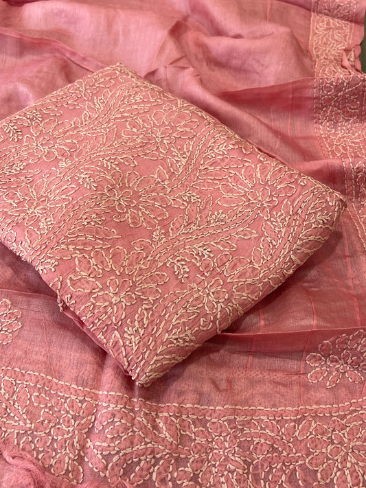 Peachish Pink Suit Set with Lucknowi Handwork in Pure Tussar Silk