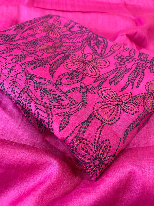 Pink Suit Set with Kantha Handwork in Pure Tussar Silk