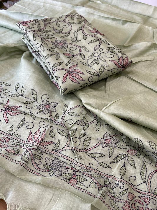Pista Green Suit Set with Kantha Handwork in Pure Tussar Silk