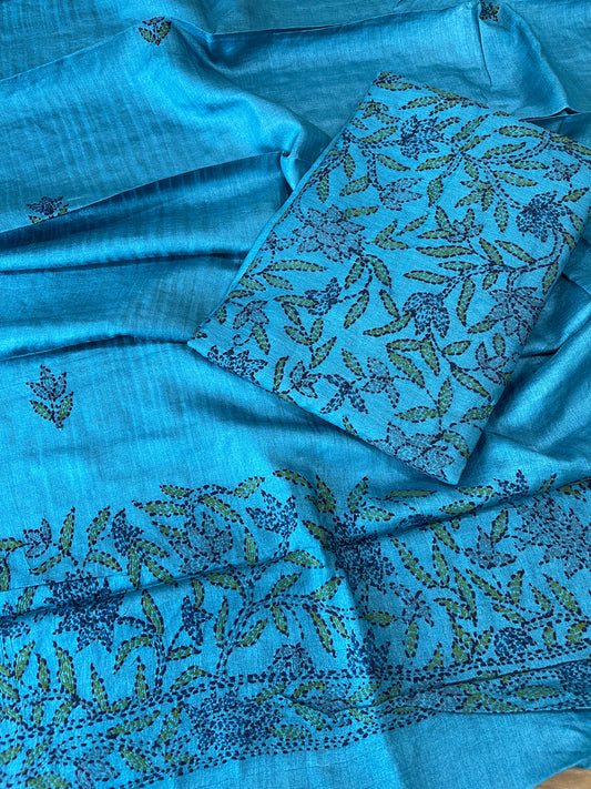 Blue Suit Set with Kantha Handwork in Pure Tussar Silk
