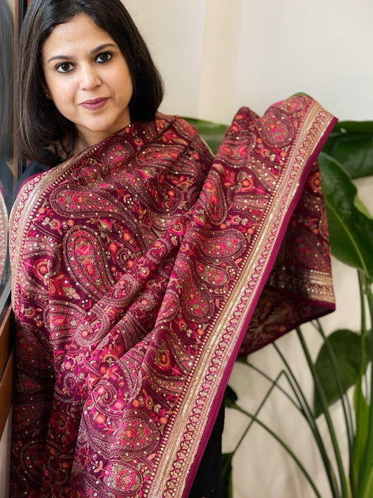 Wine Georgette Dupatta with Thread & Sequin Embroidery