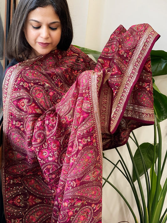 Wine Georgette Dupatta with Thread & Sequin Embroidery