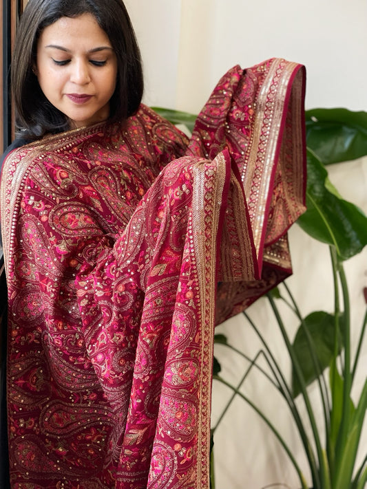 Maroon Georgette Dupatta with Thread & Sequin Embroidery