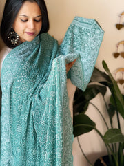 Teal Rai Bandhej Dupatta with Lucknowi Handwork in Pure Georgette