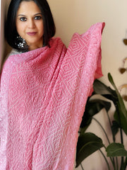 Pink Rai Bandhej Dupatta with Lucknowi Handwork in Pure Georgette