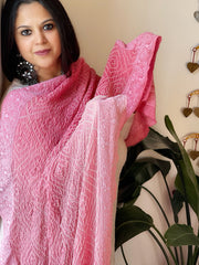 Pink Rai Bandhej Dupatta with Lucknowi Handwork in Pure Georgette