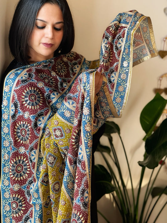 Printed Ajrakh Chinon Dupatta with Thread & Sequin Embroidery